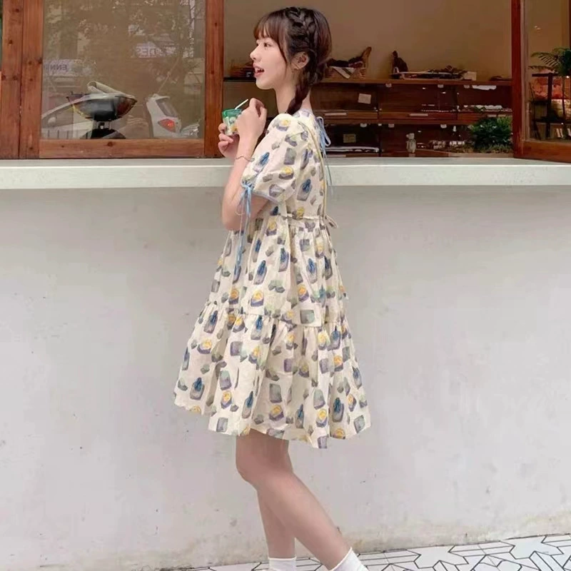 Платье с пышными рукавами на шнуровке и цветочным принтом французского дизайна, милая универсальная сказочная Юбка со свободной талией и принтом для похудения