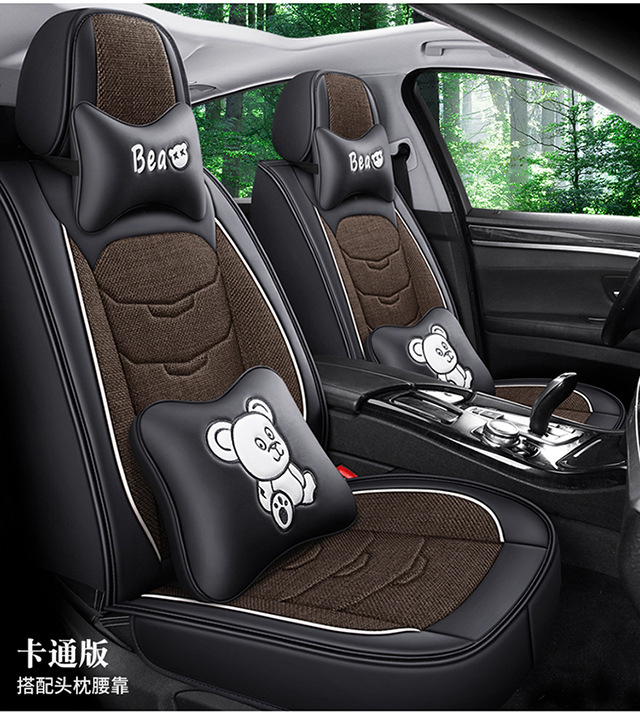 New Leather and Hemp Car Seat Cushion Foreign Trade Wholesale All-Inclusive Four-Season Universal Cartoon Car Seat Cover Linen Breathable Car Cushion