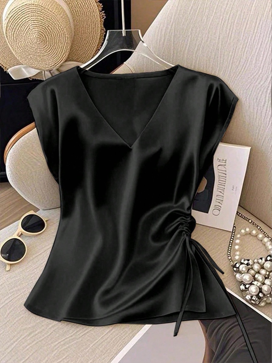 Damenbekleidung: Satinbluse mit V-Ausschnitt, Sommertop mit Kordelzug, Frühling/Winter, für formelle und legere Anlässe._voghion.com