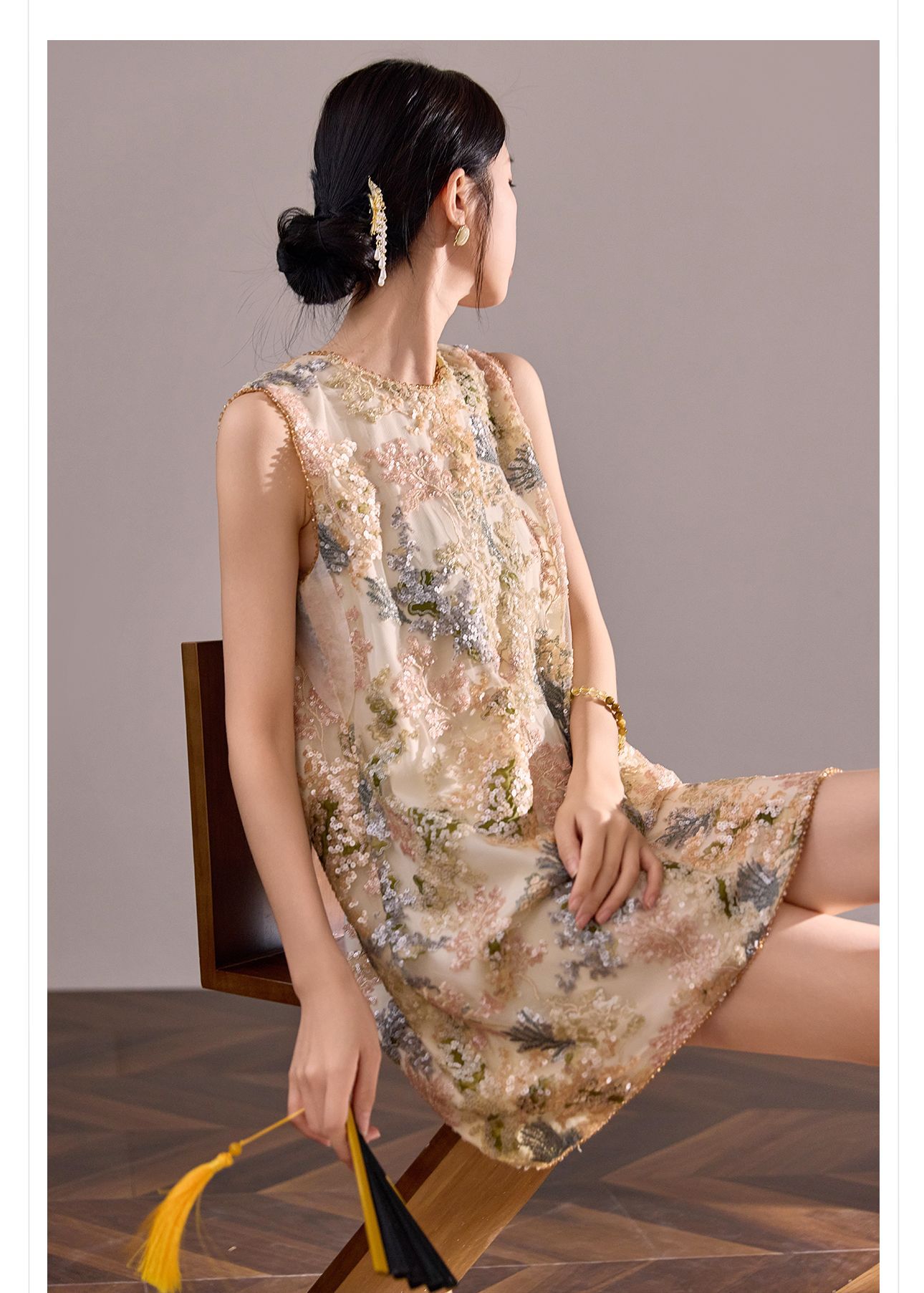 Đầm suông nữ midi tân cổ điển không tay, thêu đính cườm sequin, form chữ A — màu mơ chi tiết 4