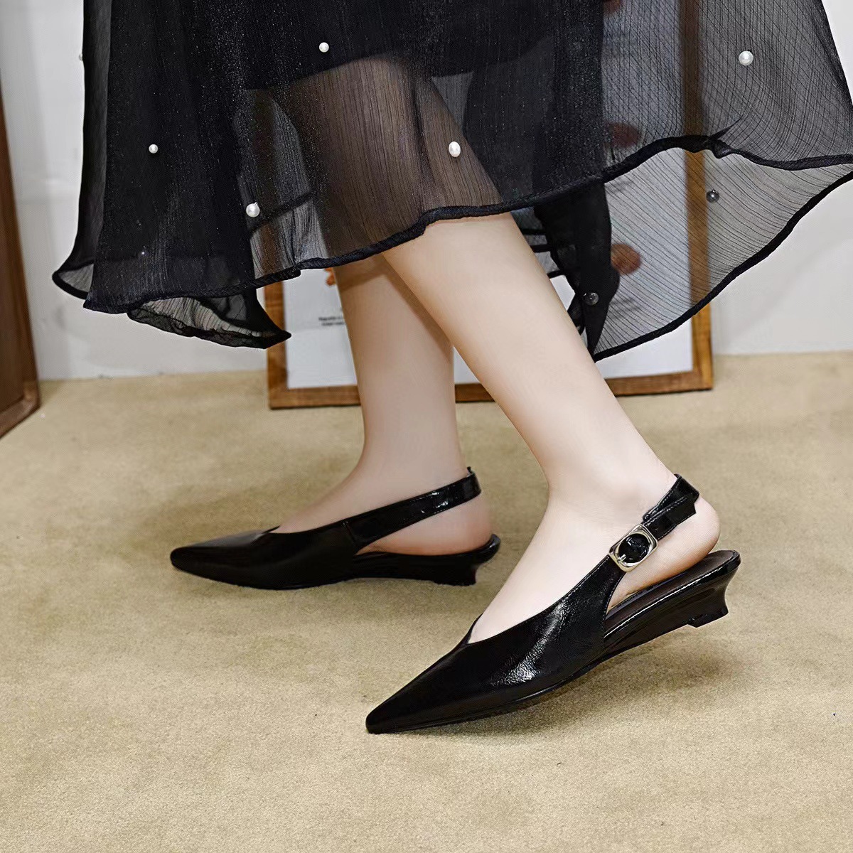 Sandal cao gót nữ mũi nhọn quai ngang da thật, gót xuồng 7 cm — đen chi tiết 6