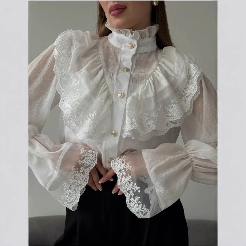 Shirt for Women 2025 Spring New French Palace Style Fairy Stand-Up Collar Chiffon Design Western Style Ruffle Top
