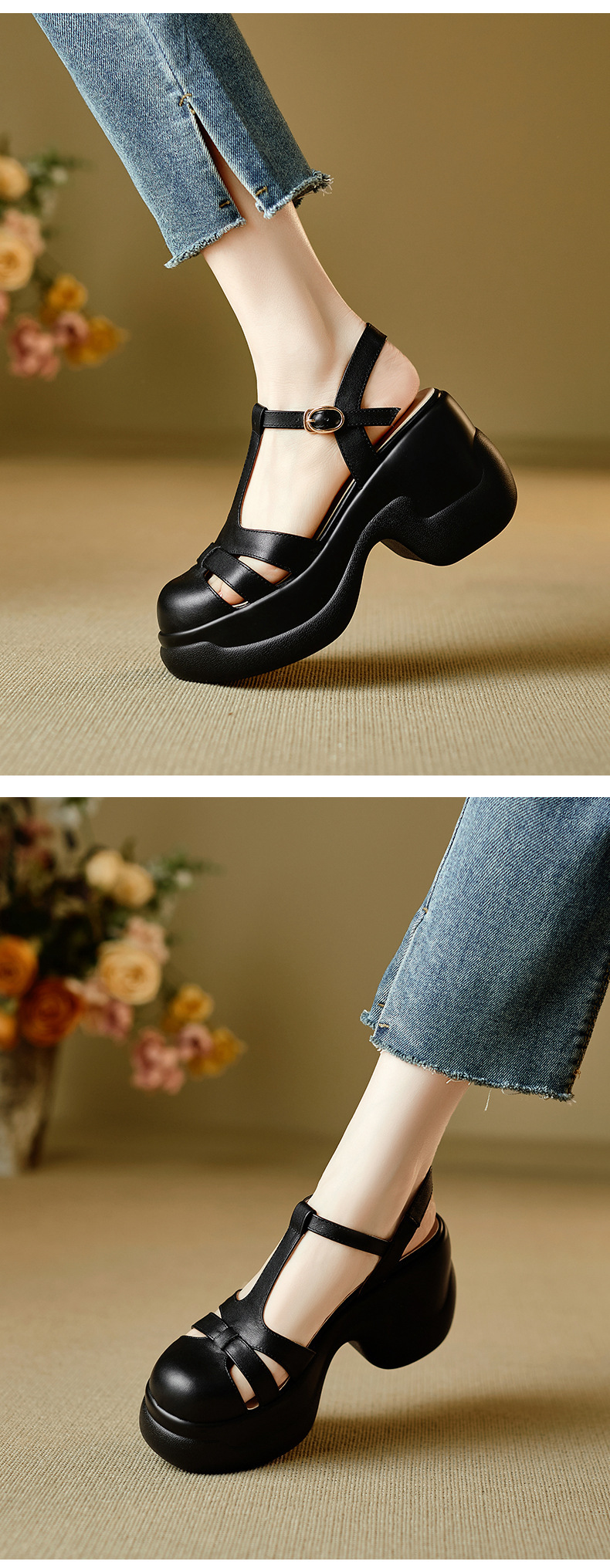 Sandal nữ quai chữ T đế xốp dày phong cách La Mã dệt — đen chi tiết 7