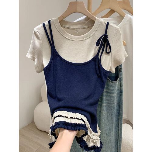 2025 Summer Navy Blue Oatmeal Color Round Neck False Two-Piece Color Block Short-Sleeve T-Shirt for Women, Fitted Top, Trendy