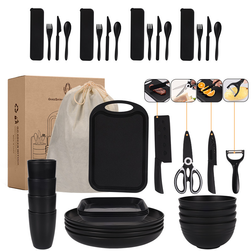 Cross-border Wheat Straw Bowl Dish Plate Cup Knife and Fork Spoon Outdoor Camping Portable Tableware Cutting Board Knife Melon Planer Scissors suit