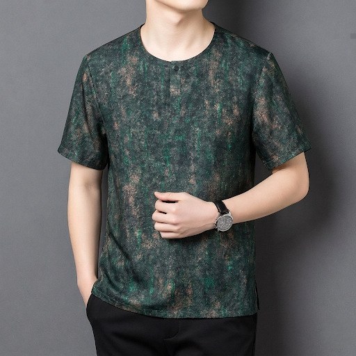 Áo thun nam tay ngắn lụa Hương Vân Sa phom rộng vintage — Xanh lá cây 8928 chi tiết 12