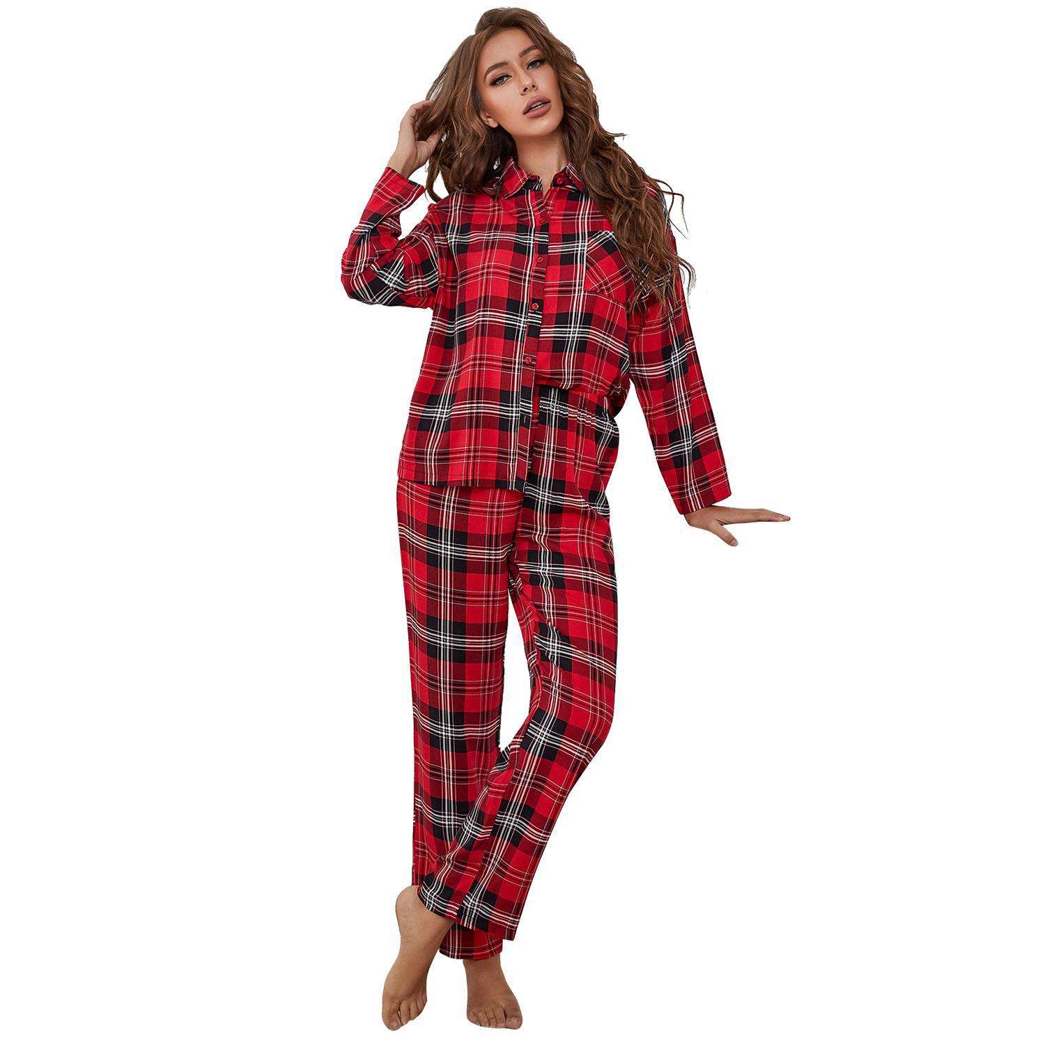 women red plaid long sleeved autumn and winter home clothes two piece set that can be worn outside foreign trade  _voghion.com