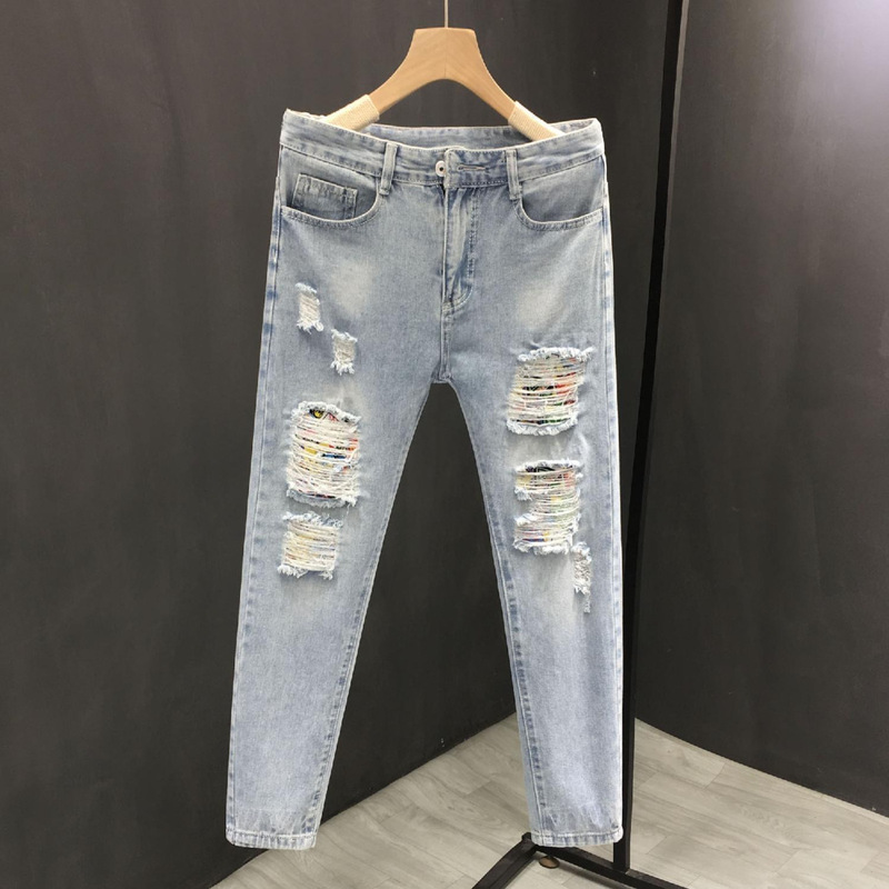 Ripped jeans men's 2023 Summer new fashion brand thin slim fit skinny trendy curling cropped casual pants Ripped jeans men's 2023 Summer new fashion brand thin slim fit skinny trendy curling cropped casual pants