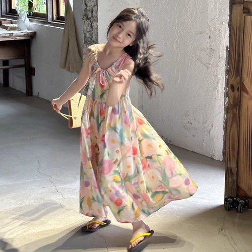 Bodysuit Dress 2025 Summer Middle-Size Girls' Oil Painting Style Large Flower Long Dress Summer Vacation Style Long Skirt