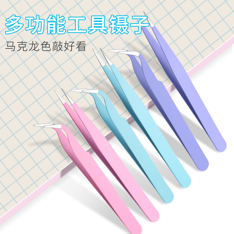 Elbow Straight Head Clip Eyelash Drill Sticker Flower Clip Jewelry Stainless Steel High Precision Anti-static Tweezers Manicure Tools