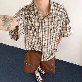 日系2025复古做旧撞色格子短袖衬衫男夏季薄款青少年半袖衬衣