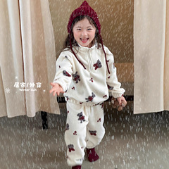 儿童家居服套装秋冬季加厚保暖珊瑚绒男女宝宝睡衣半拉链套头外穿