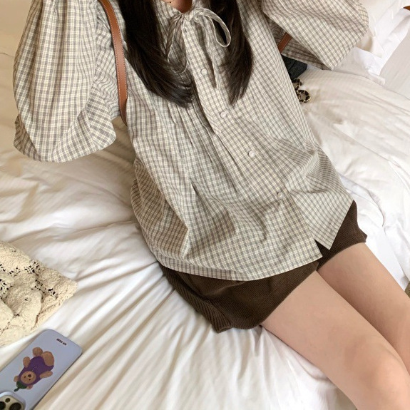 2025秋季新款女装黑白格飘带叠穿衬衫+百搭针织马甲无袖上衣|undefined