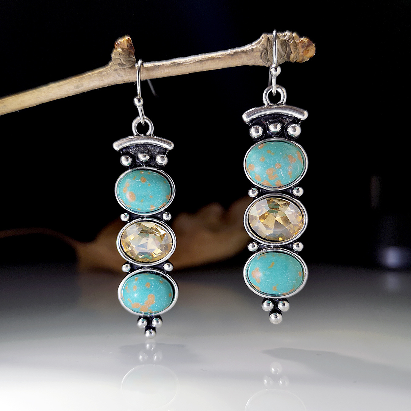 Rongyu European and American Plated S925 Vintage Thai Silver Turquoise Earrings Fashion Creative Champagne Crystal Long Earrings for Women