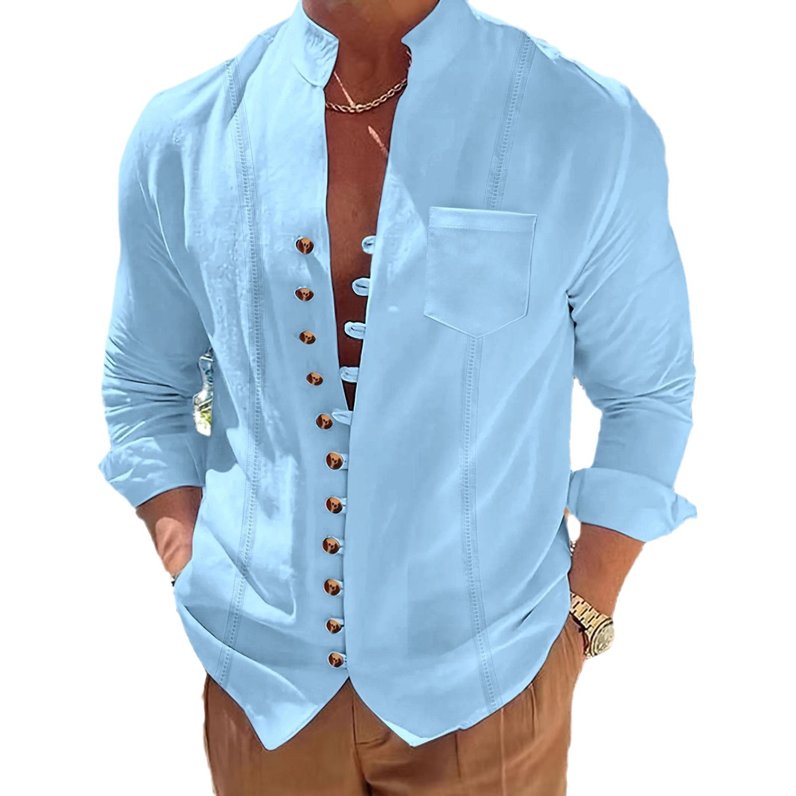 Monochrome Man- Foreign Trade . Spring And Autumn New Style Patchwork Pocket Solid Color Cotton-Linen Long-Sleeve Stand-Up_voghion.com
