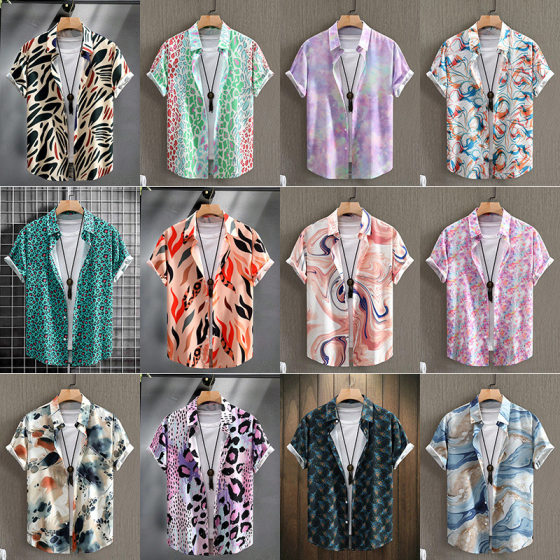 Fashion men's digital printing four-sided men's short sleeve shirt men's shirt summer 2024 new cross-border exclusive