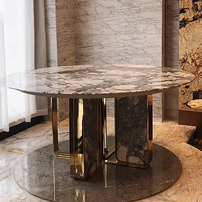 Italian Cold River Snow Luxury Stone Dining Table, High-End Villa Furniture Large Flat Floor Light Luxury Marble Round Dining Table