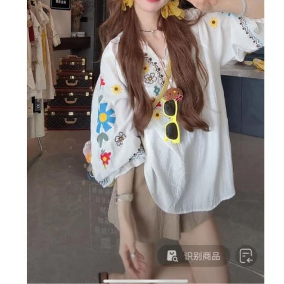 Heavy Floral Embroidery Lightweight Cool/Linen Cotton Babydoll Shirt + Shorts Set