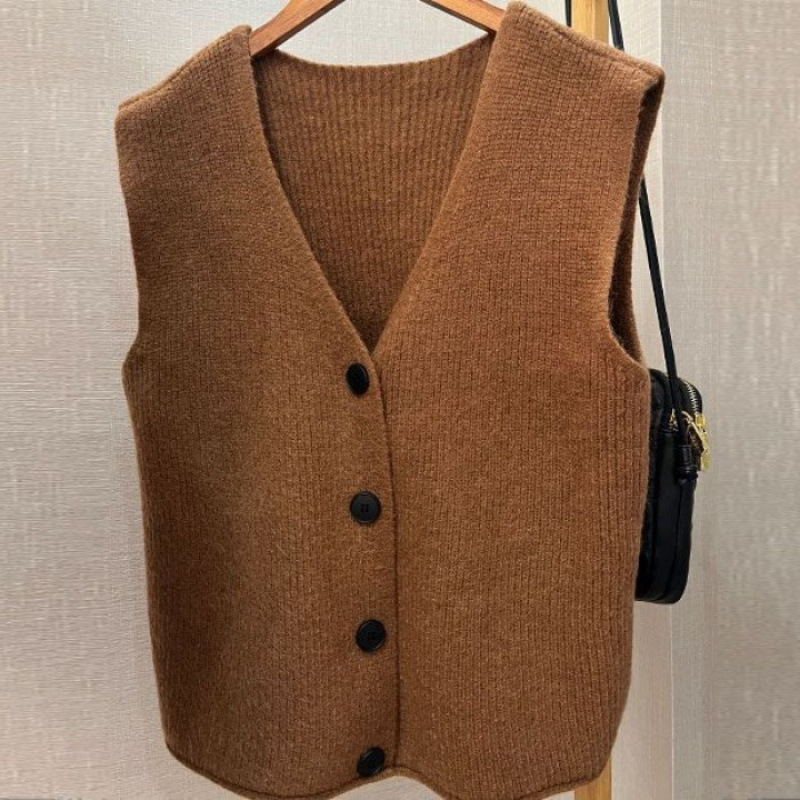 Brown Collar Knitted Vest Women's Spring and Autumn New Autumn and Winter Outer Wear Stacked Waistcoat Sweater Cardigan