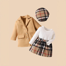 ins跨境儿童婴童2025秋季新款卡其色呢子外套+拼接格子裙裙套装