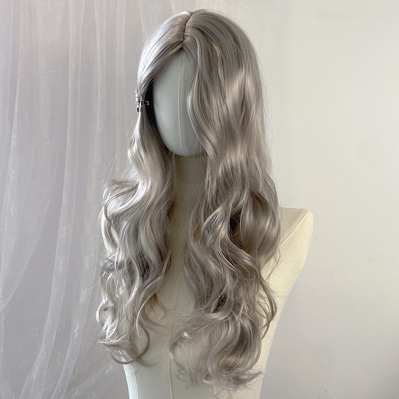 外国貿易スポットゴールドロングカーリーヘアウィッグ、クロスボーダー欧米女性用ミディアム分け目ビッグウェーブ化学繊維ヘッドギア、メーカー卸売|undefined