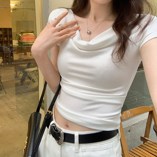 Design-led One-shoulder Short Sleeve T-shirt for Women 2025 Summer Fitted Hot Girl Revealing Shoulder Short Top Trendy