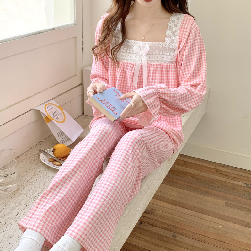 Estilo japonés Rosa Plaid pijamas para las mujeres primavera y otoño dulce princesa estilo manga larga más tamaño grasa M homewear