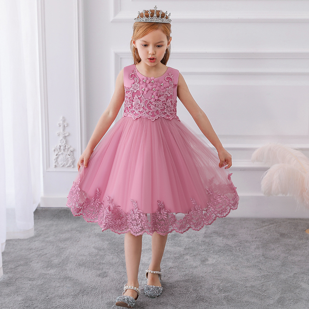 2024 New Girls' Dress Dress Beaded Three-Dimensional Embroidered Princess Dress Flower Children's Puffy Wedding Dress Piano Performance Dress