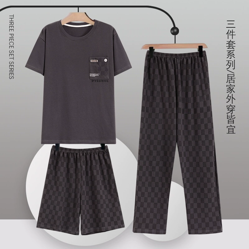 Мужской пижамный комплект из трех предметов, весенне-осенние шорты и брюки из чистого хлопка с короткими рукавами, весенне-летняя домашняя одежда, тонкие костюмы, которые можно носить на улице.