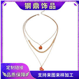 跨境镂空南瓜女巫帽吊坠麦穗链多层项链万圣节礼物童趣锁骨链