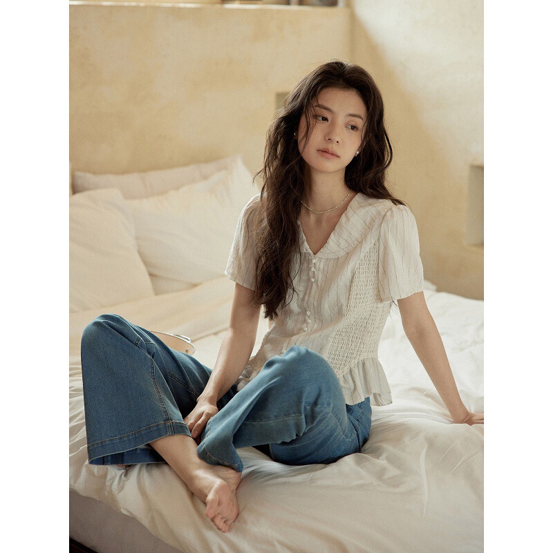 Solighter French Linen Stripesd V-Neck Short-Sleeved Shirt Women's Summer 2024 New Waist Shirt Top