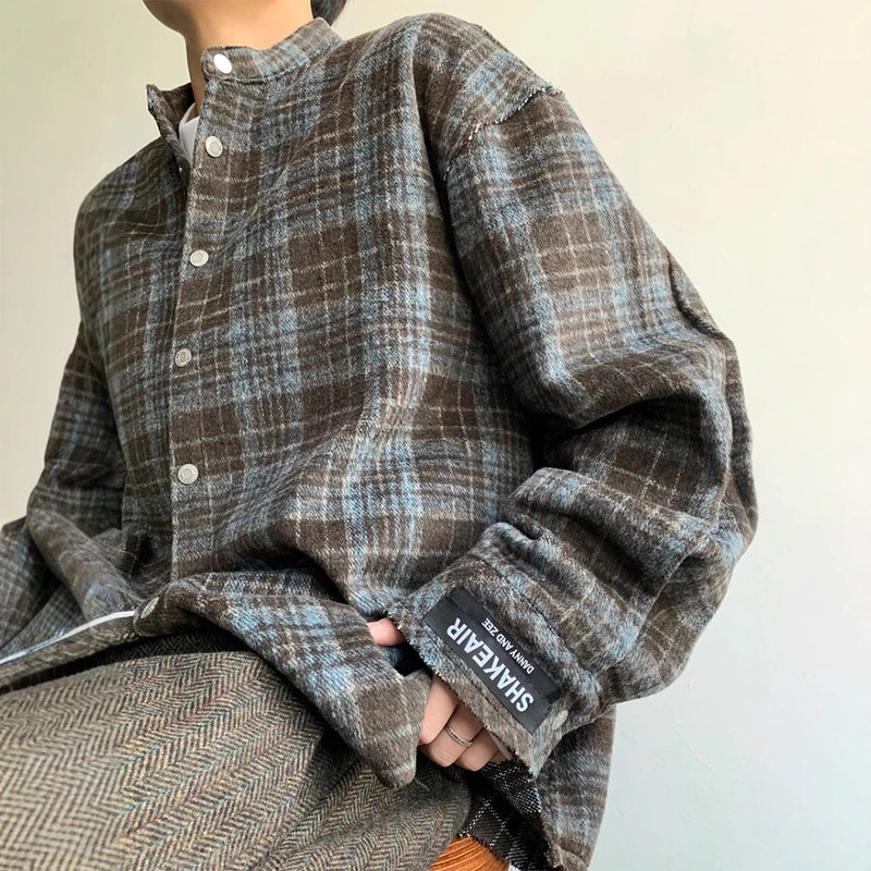 American Style Retro Blue brown Plaid Shirt Men's Spring and Autumn Velvet Style Lazy Shirt cleanfit Fabric Thin Coat American Style Retro Blue brown Plaid Shirt Men's Spring and Autumn Velvet Style Lazy Shirt cleanfit Fabric Thin Coat