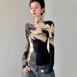中国风花卉印花正肩打底衫女春秋季新款高领修身显瘦高级长袖T恤