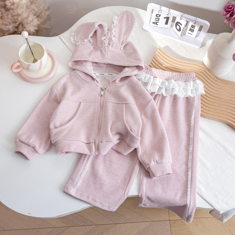 Mori Korean Style Autumn Dress Cute Children's Female Baby's Foreign Style Rabbit Ear Lace Hooded Sports Hoodie Two-piece Suit