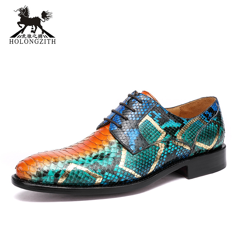 虎狼之狮蟒蛇皮男鞋手工系带皮底单鞋商务男正装鞋固特异厂家批发