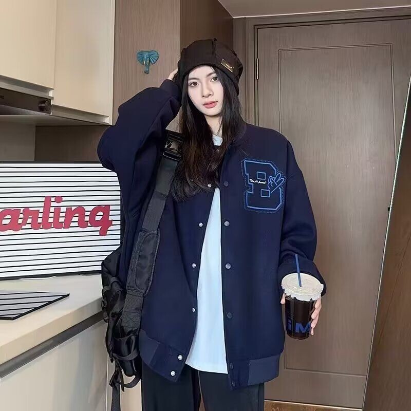 American Autumn and Winter Woolen Embroidered Baseball Jacket for Women, Trendy Brand Loose Jacket, College Style Harajuku Jacket, Couple Jacket American Autumn and Winter Woolen Embroidered Baseball Jacket for Women, Trendy Brand Loose Jacket, College Style Harajuku Jacket, Couple Jacket