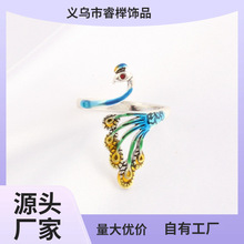 简约复古立体素银孔雀戒指女活口做旧饰品钩线带线戒指厂家批发