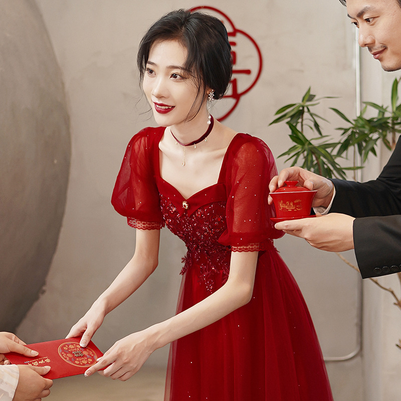 Burgundy Long Toast Dress for Bride 2026 Summer New Style Short-Sleeve Slimming Engagement Wedding Evening Dress for Pregnant Women