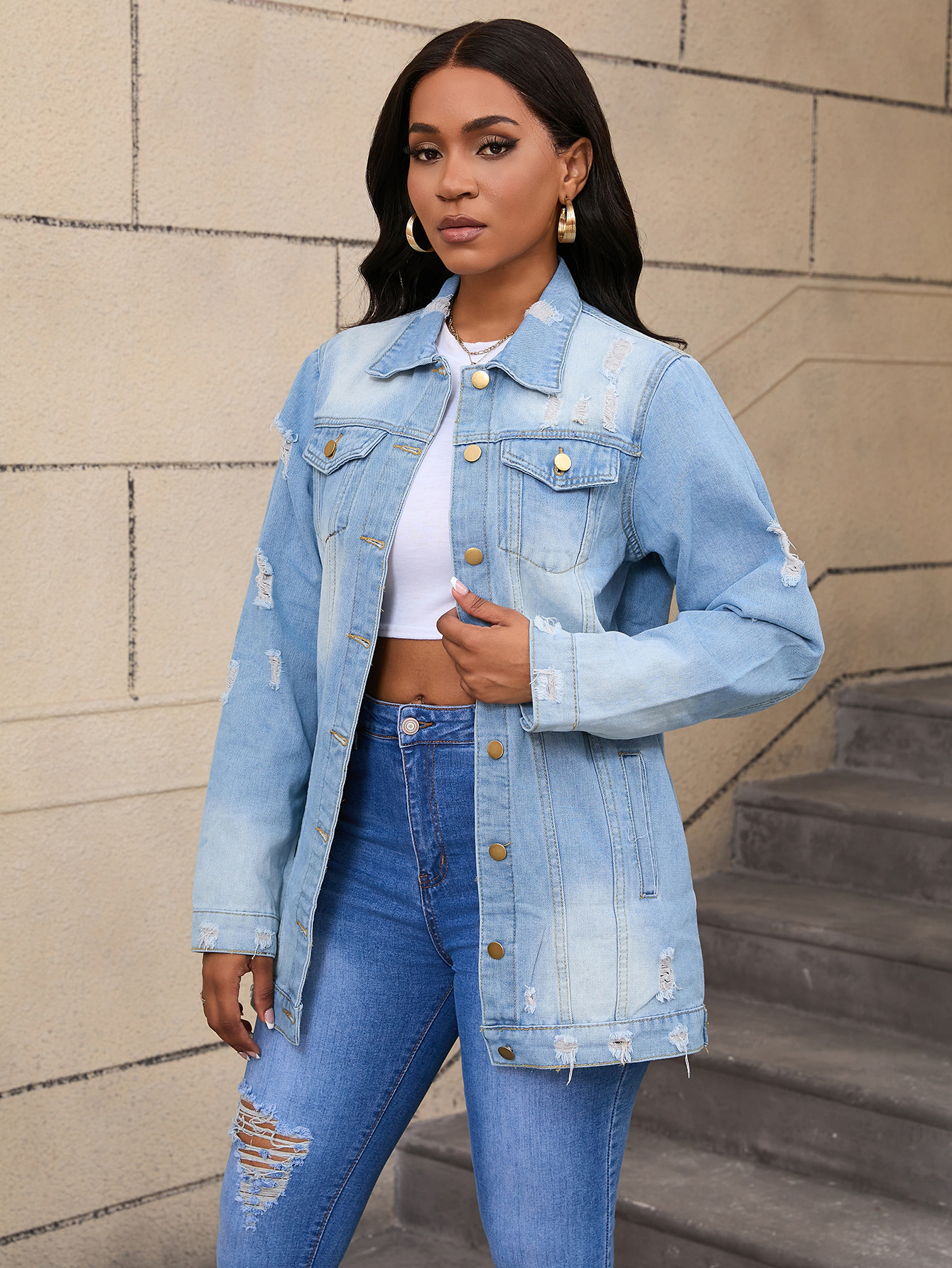 Langärmlige Distressed-Jeansjacke für Damen – Oversize-Boyfriend-Mantel (S-2XL, Urban Casual, Hell-/Tiefblau-Waschung)_voghion.com