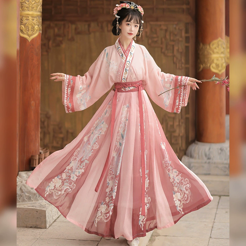 Оригинальный вид Hanfu Женский взрослый Wei Jin Style с перекрестным воротником на талии, рубашка с вышивкой и большим рукавом, весенние путешествия, Новинка