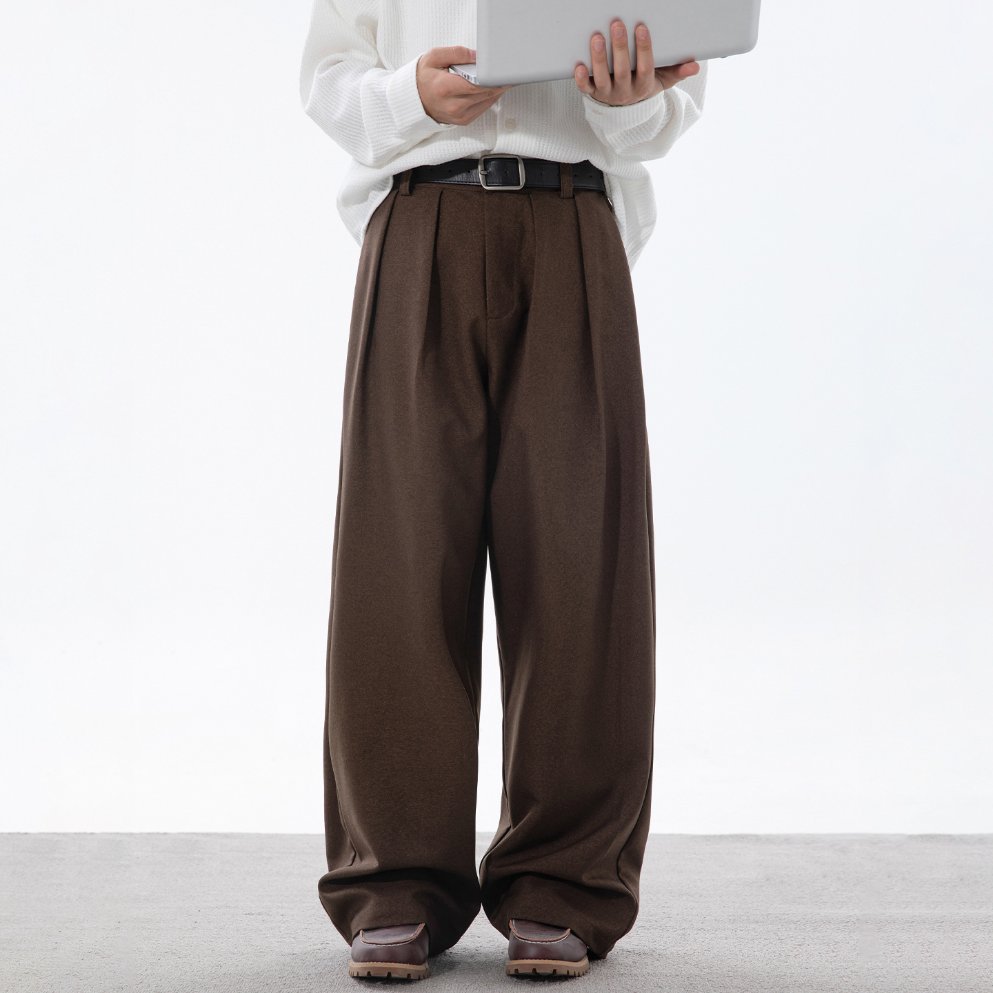 Smooth Drape Pleated Men's Trousers Autumn Style Loose Straight Long Pants Japanese Retro Trendy Casual Pants