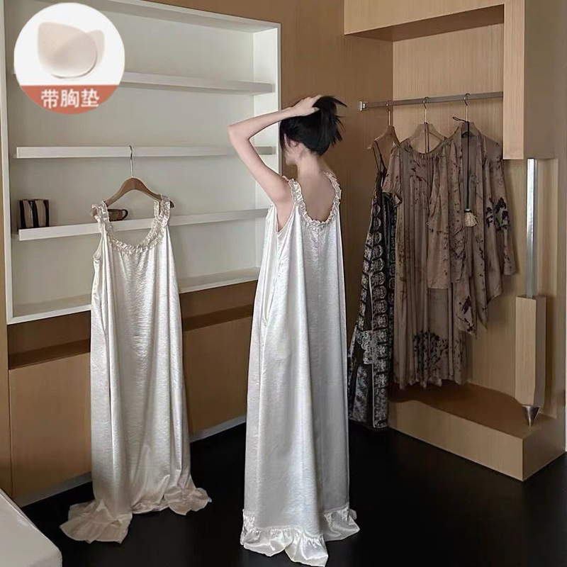 Women's Summer Pajamas, New Popular Style, Imitation Acetate Satin Long Dress with Chest Pads, Sexy Nightgown, Date Outfit, Foreign Trade Women's Summer Pajamas, New Popular Style, Imitation Acetate Satin Long Dress with Chest Pads, Sexy Nightgown, Date Outfit, Foreign Trade