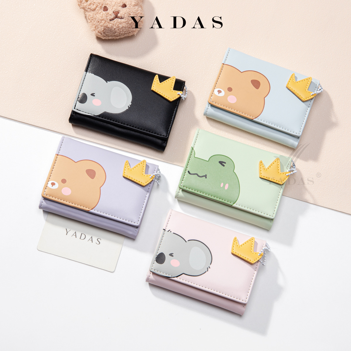 [Adorno pequeño de corona amarilla] YADAS lindo bolso de tarjeta para mujer hebilla de moda PU corto tres pliegues billetera