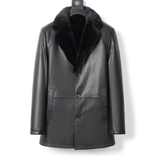 新款海宁真皮貂皮大衣山羊皮外套加厚中长款男装水貂毛领皮风衣