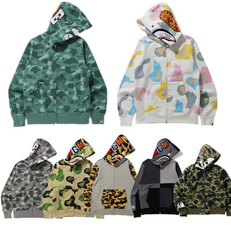 Cross-Border Wholesale Japanese Trendy Brand Bape Shark Head Sweatshirt Men's 3D Digital Print Sports Cardigan Zip-Up Hoodie