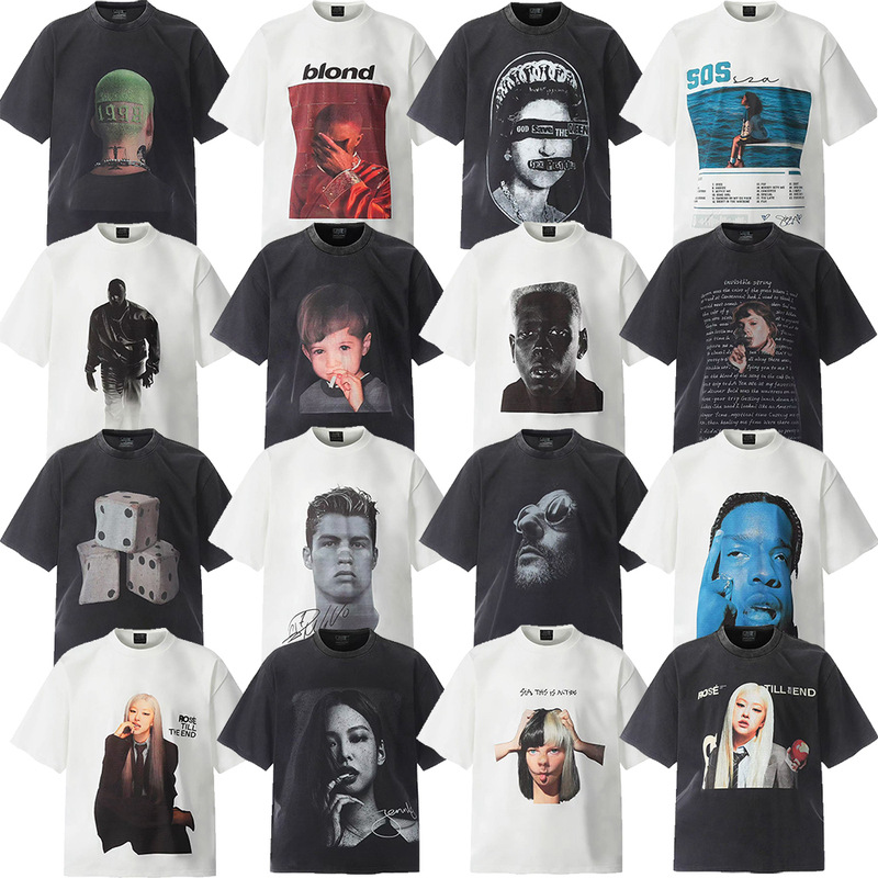 American-style High Street Vintage Figure Print Heavy Washed Old Couple Casual Loose Short-sleeved Summer Tide T-shirt