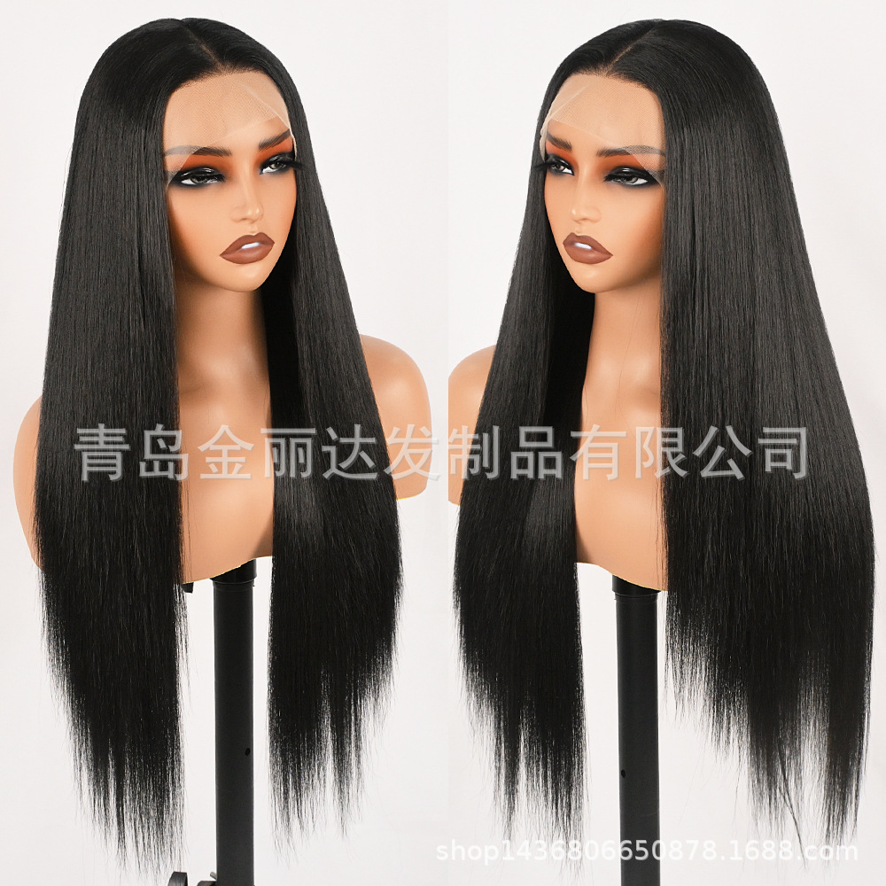 Europeas y estadounidenses pelucas de cabello negro largo recto frente de encaje fibra química pelucas de cabello pelucas transfronterizas para venta directa de fabricantes