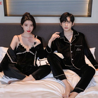 新款睡衣金丝绒长袖长裤法式三件套情侣秋冬睡衣女轻奢家居服套装