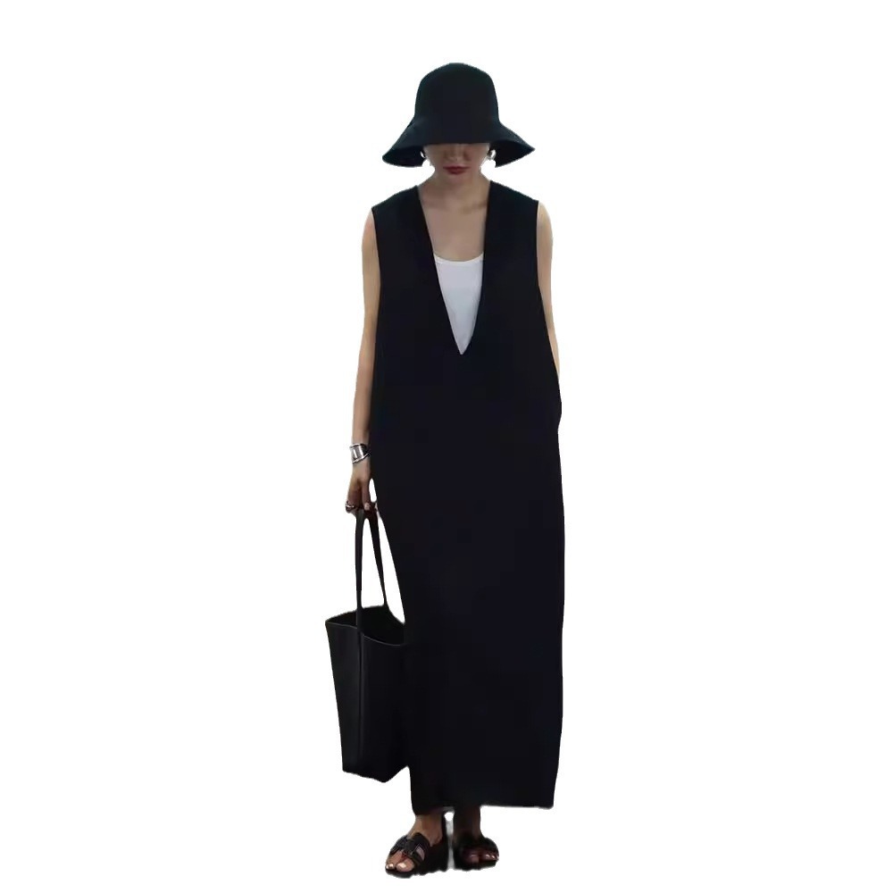 Váy liền vest không tay dáng suông midi màu đen cao cấp — màu đen,
