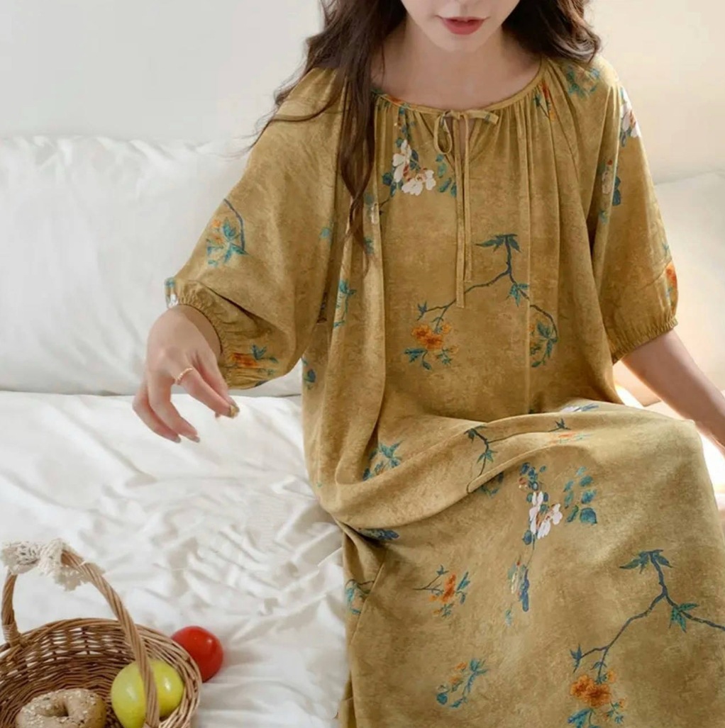 Camisón mujer verano falda larga de playa delgada pijama de seda de algodón primavera y otoño damas estilo de vacaciones ropa de hogar de seda de algodón de gran tamaño